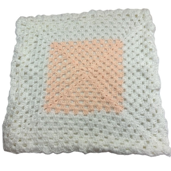Handmade Crocheted Baby Blanket Throw White/Peach - Picture 1 of 6